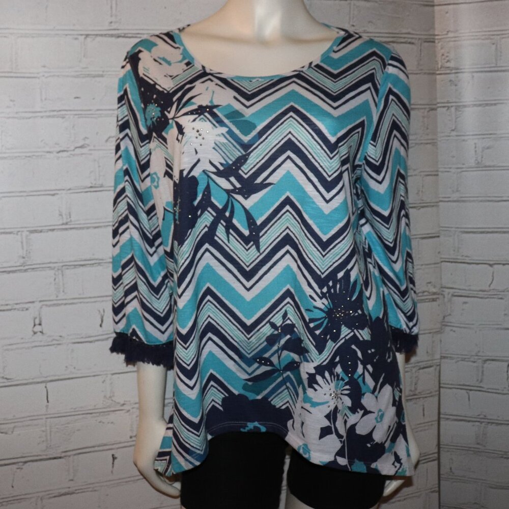 π Blue & White Floral Zig-Zag Blouse w/ Fringe Trim β Alfred Dunner L